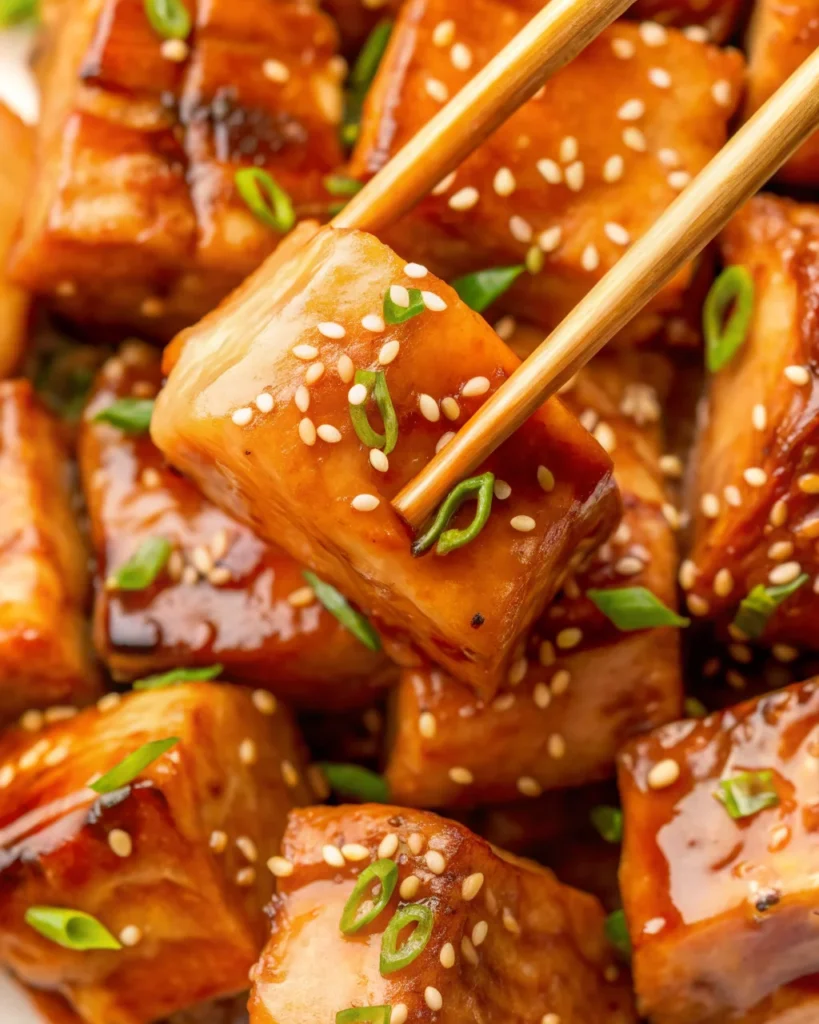 Glazed Salmon Bites garnished with sesame seeds and green onions, served with lemon slices—an easy but delicious dinner and a good fish dish.