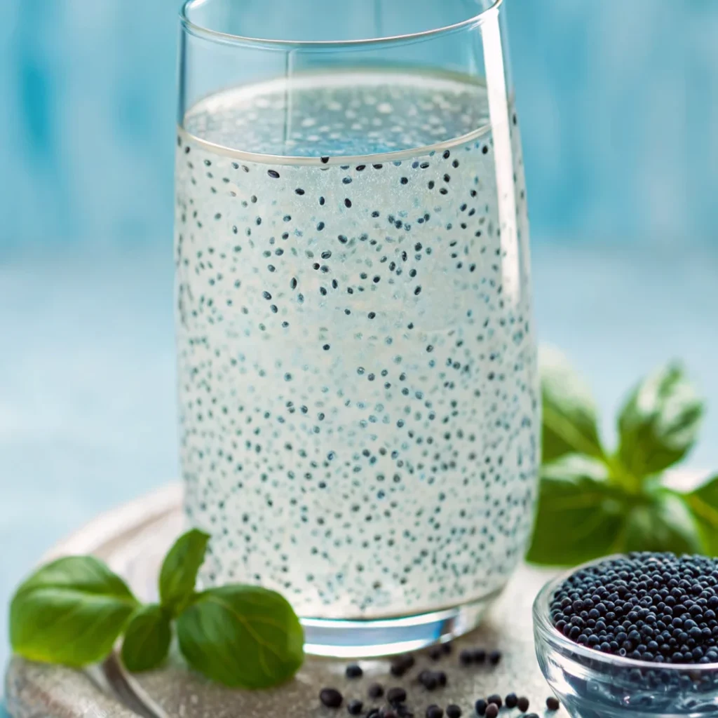 Refreshing basil seed drink in clear glass with soaked sabja seeds and fresh basil leaves on wooden surface