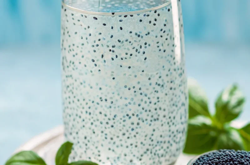 Refreshing basil seed drink in clear glass with soaked sabja seeds and fresh basil leaves on wooden surface