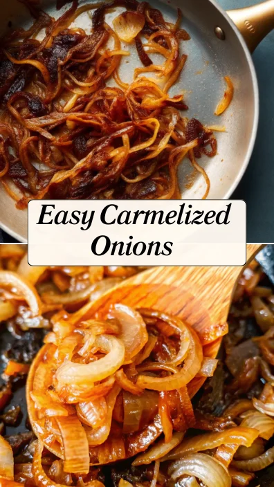 Caramelized onions in a golden pan, showcasing rich, deep brown color and glossy texture—perfectly cooked using the slow caramelization method.