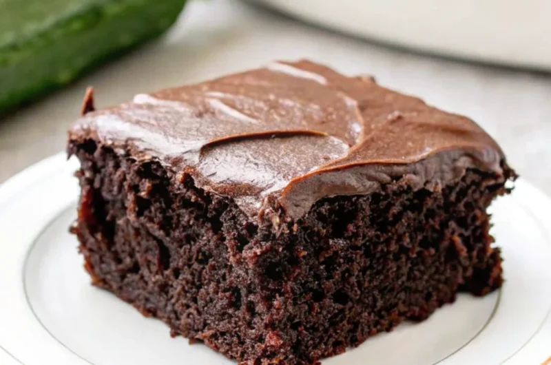 Moist chocolate zucchini brownie topped with rich chocolate frosting on a white plate, with a fresh zucchini in the background.