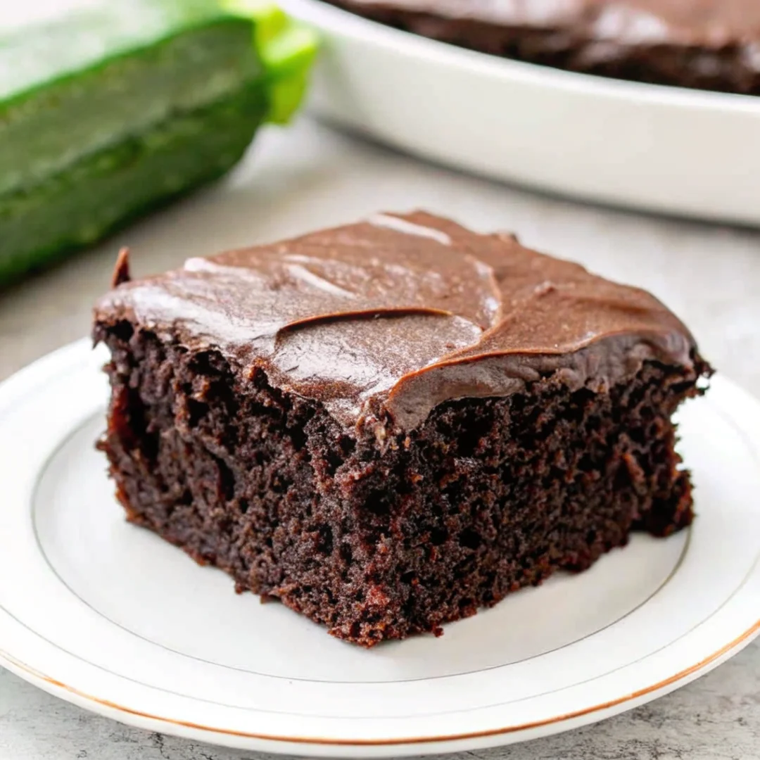 Moist chocolate zucchini brownie topped with rich chocolate frosting on a white plate, with a fresh zucchini in the background.