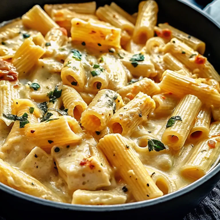 A creamy ricotta chicken pasta dish with penne pasta, tender chicken slices, and fresh parsley in a rich, velvety sauce, served in a black skillet.