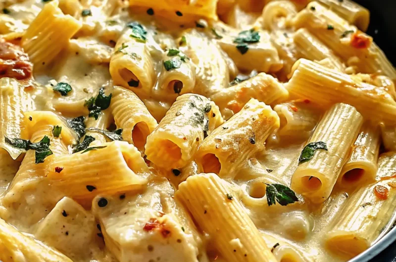 A creamy ricotta chicken pasta dish with penne pasta, tender chicken slices, and fresh parsley in a rich, velvety sauce, served in a black skillet.