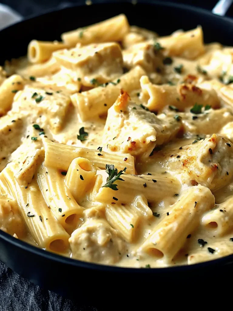 A creamy ricotta chicken pasta dish with penne pasta, tender chicken slices, and fresh parsley in a rich, velvety sauce, served in a black skillet.

