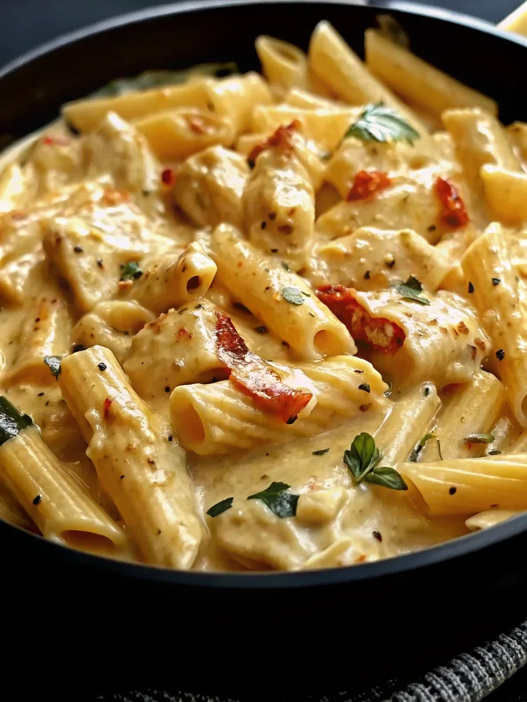A creamy ricotta chicken pasta dish with penne pasta, tender chicken slices, and fresh parsley in a rich, velvety sauce, served in a black skillet.

