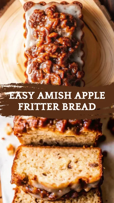 Sliced Amish apple fritter bread with cinnamon glaze on a wooden board, perfect for a cozy fall dessert.