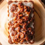 Sliced Amish apple fritter bread with cinnamon glaze on a wooden board, perfect for a cozy fall dessert.