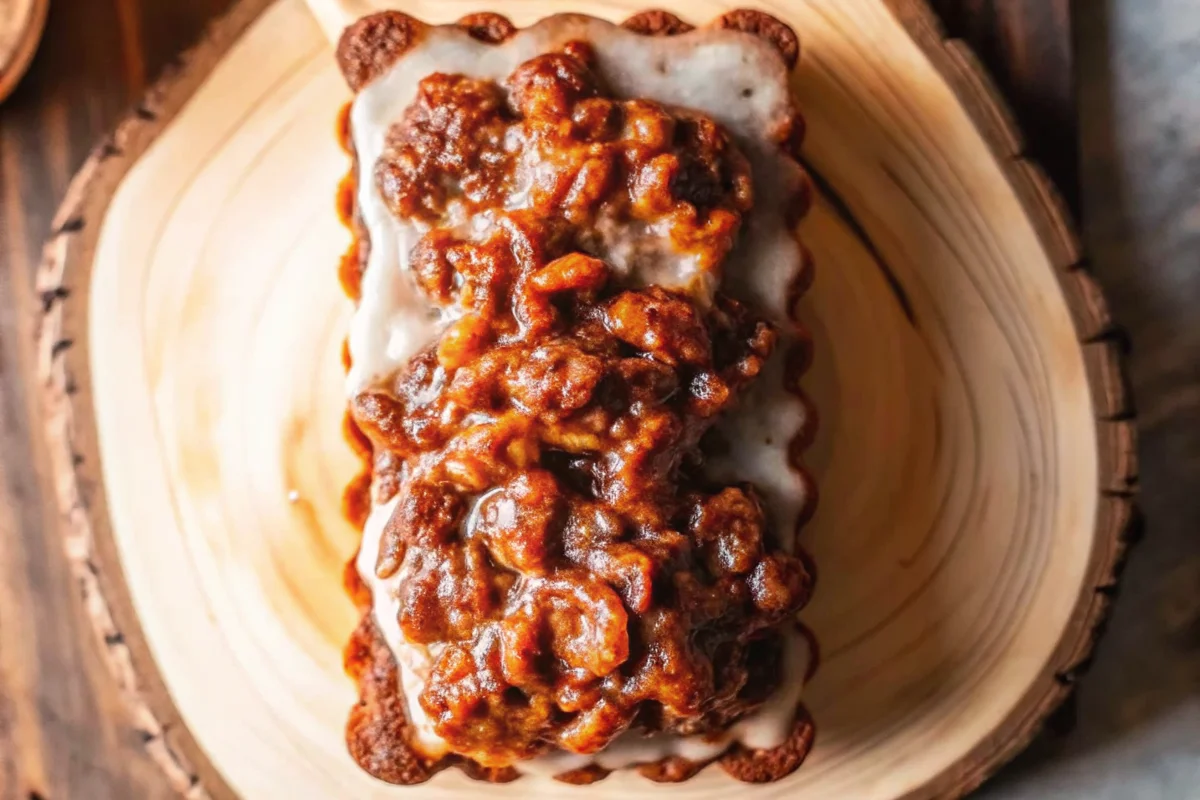 Sliced Amish apple fritter bread with cinnamon glaze on a wooden board, perfect for a cozy fall dessert.