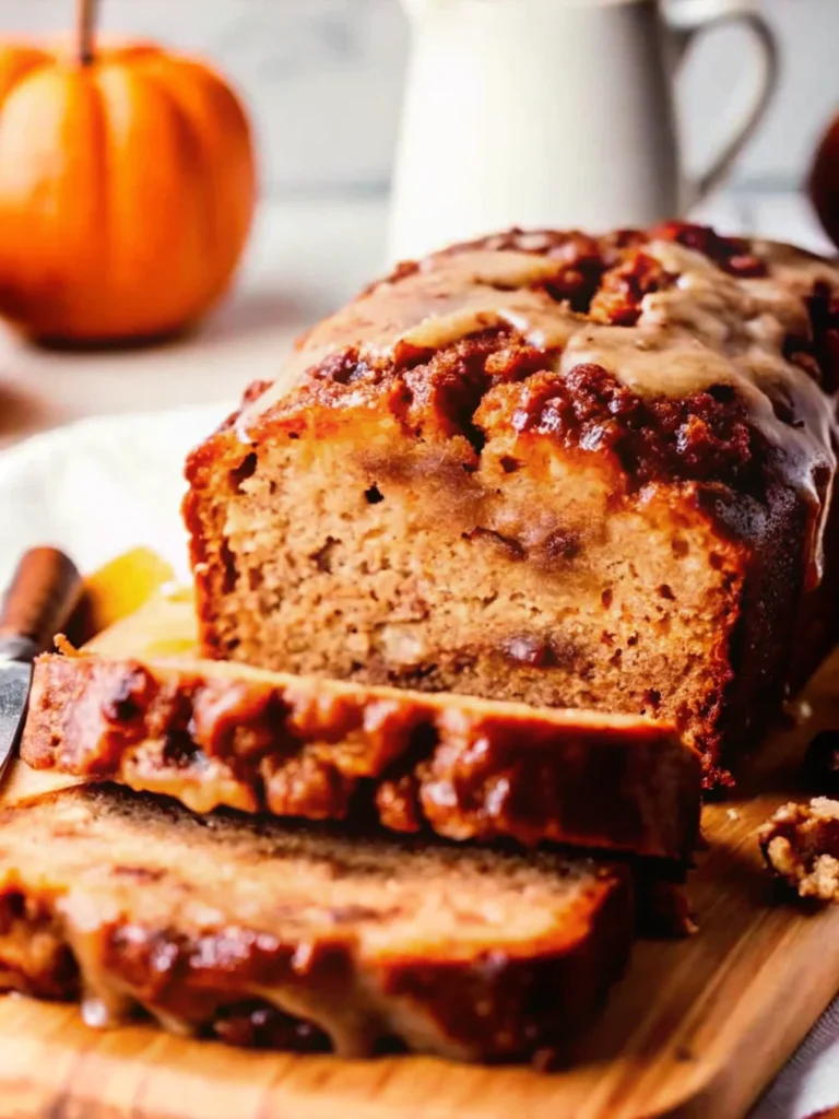 Sliced Amish apple fritter bread with cinnamon glaze on a wooden board, perfect for a cozy fall dessert.