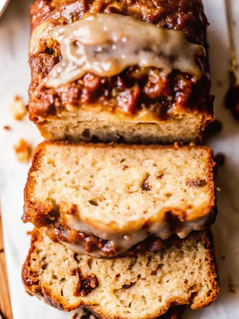 Sliced Amish apple fritter bread with cinnamon glaze on a wooden board, perfect for a cozy fall dessert.