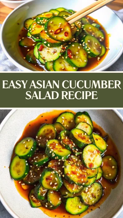 A close-up of a refreshing cucumber salad featuring sliced Persian cucumbers tossed in a spicy Asian dressing with sesame seeds, chili oil, and soy sauce, held by chopsticks for an authentic touch—perfect for a healthy cucumber salad side dish.