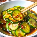 A close-up of a refreshing cucumber salad featuring sliced Persian cucumbers tossed in a spicy Asian dressing with sesame seeds, chili oil, and soy sauce, held by chopsticks for an authentic touch—perfect for a healthy cucumber salad side dish.