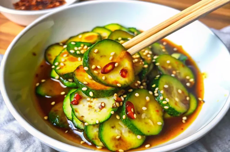 A close-up of a refreshing cucumber salad featuring sliced Persian cucumbers tossed in a spicy Asian dressing with sesame seeds, chili oil, and soy sauce, held by chopsticks for an authentic touch—perfect for a healthy cucumber salad side dish.