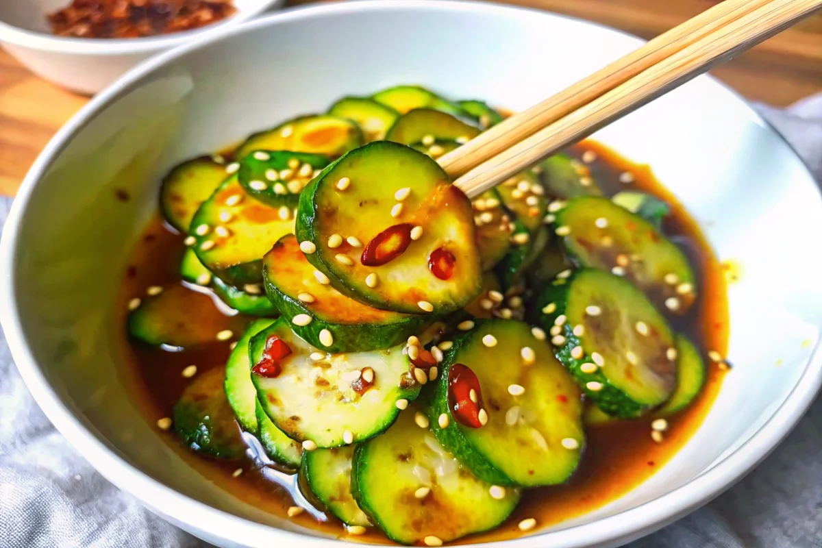 A close-up of a refreshing cucumber salad featuring sliced Persian cucumbers tossed in a spicy Asian dressing with sesame seeds, chili oil, and soy sauce, held by chopsticks for an authentic touch—perfect for a healthy cucumber salad side dish.