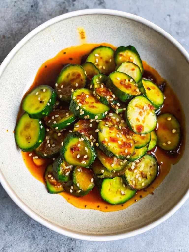 A close-up of a refreshing cucumber salad featuring sliced Persian cucumbers tossed in a spicy Asian dressing with sesame seeds, chili oil, and soy sauce, held by chopsticks for an authentic touch—perfect for a healthy cucumber salad side dish.