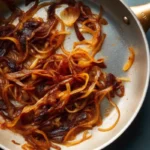 Caramelized onions in a golden pan, showcasing rich, deep brown color and glossy texture—perfectly cooked using the slow caramelization method.