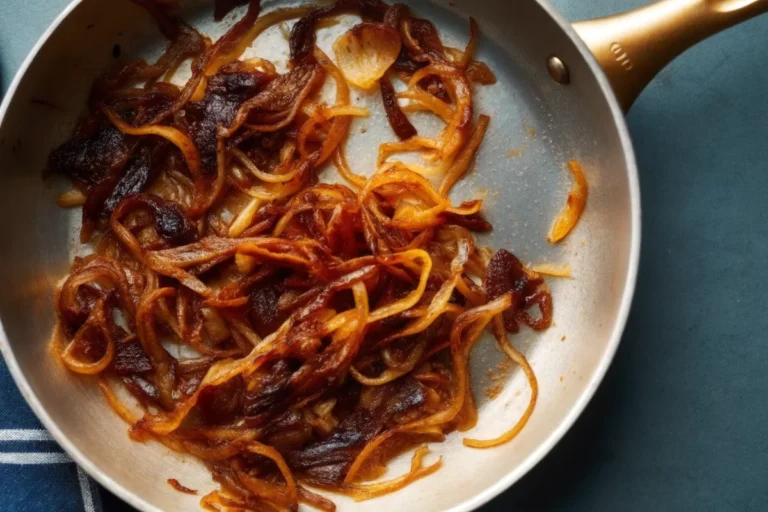 Caramelized onions in a golden pan, showcasing rich, deep brown color and glossy texture—perfectly cooked using the slow caramelization method.