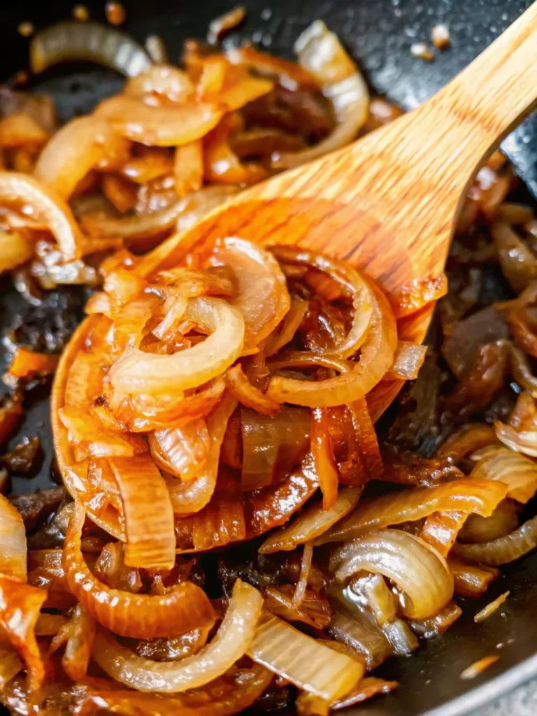 Caramelized onions in a golden pan, showcasing rich, deep brown color and glossy texture—perfectly cooked using the slow caramelization method.