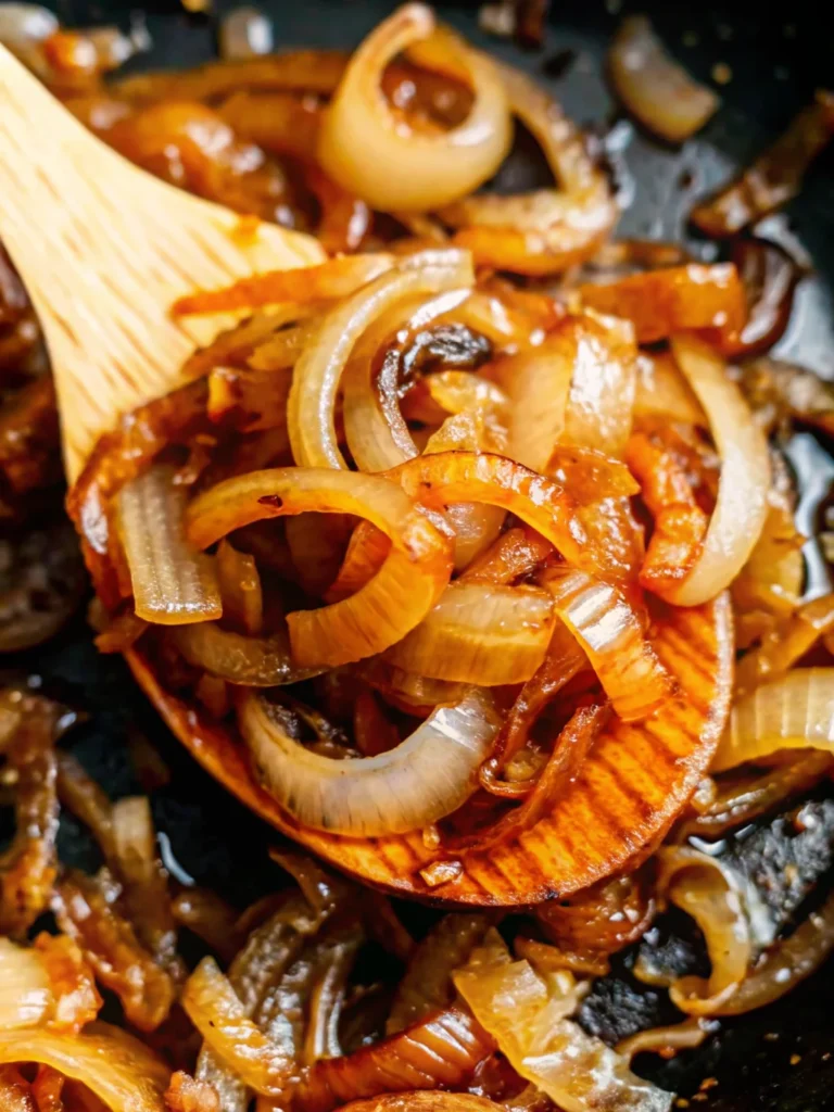 Caramelized onions in a golden pan, showcasing rich, deep brown color and glossy texture—perfectly cooked using the slow caramelization method.