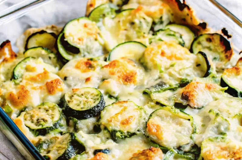 Easy cheesy zucchini bake in a glass casserole dish, featuring golden-brown melted cheese over sliced zucchini and yellow squash—perfect for easy zucchini recipes, healthy casseroles, and vegetarian meals.