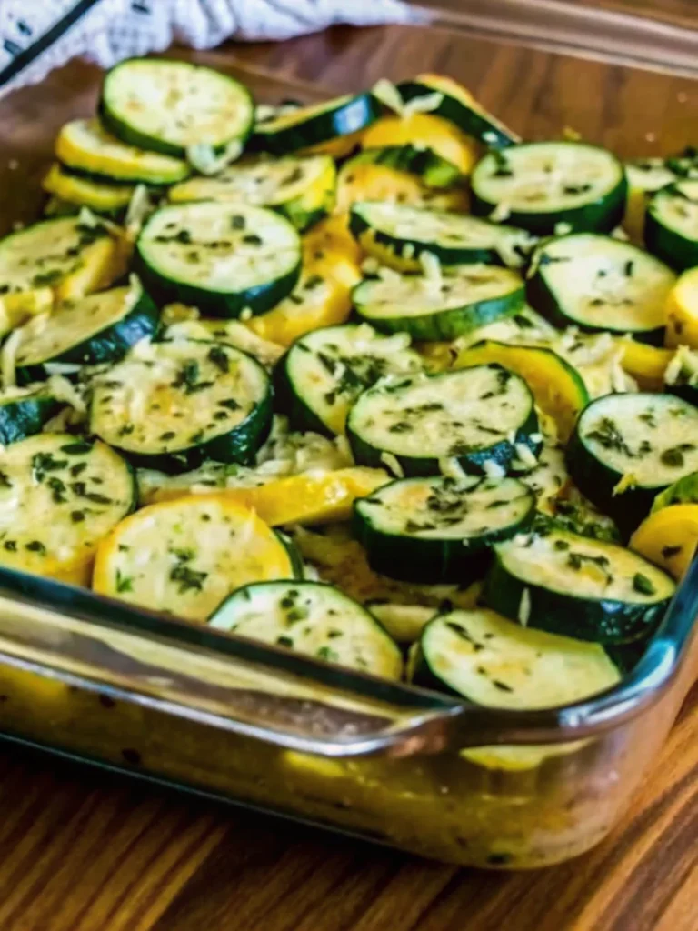 Easy cheesy zucchini bake in a glass casserole dish, featuring golden-brown melted cheese over sliced zucchini and yellow squash—perfect for easy zucchini recipes, healthy casseroles, and vegetarian meals.