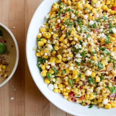 Elote corn salad with grilled corn kernels, cotija cheese, cilantro and lime - easy summer Mexican recipe served in white bowls