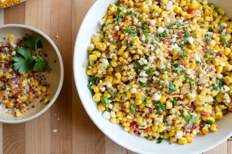 Elote corn salad with grilled corn kernels, cotija cheese, cilantro and lime - easy summer Mexican recipe served in white bowls