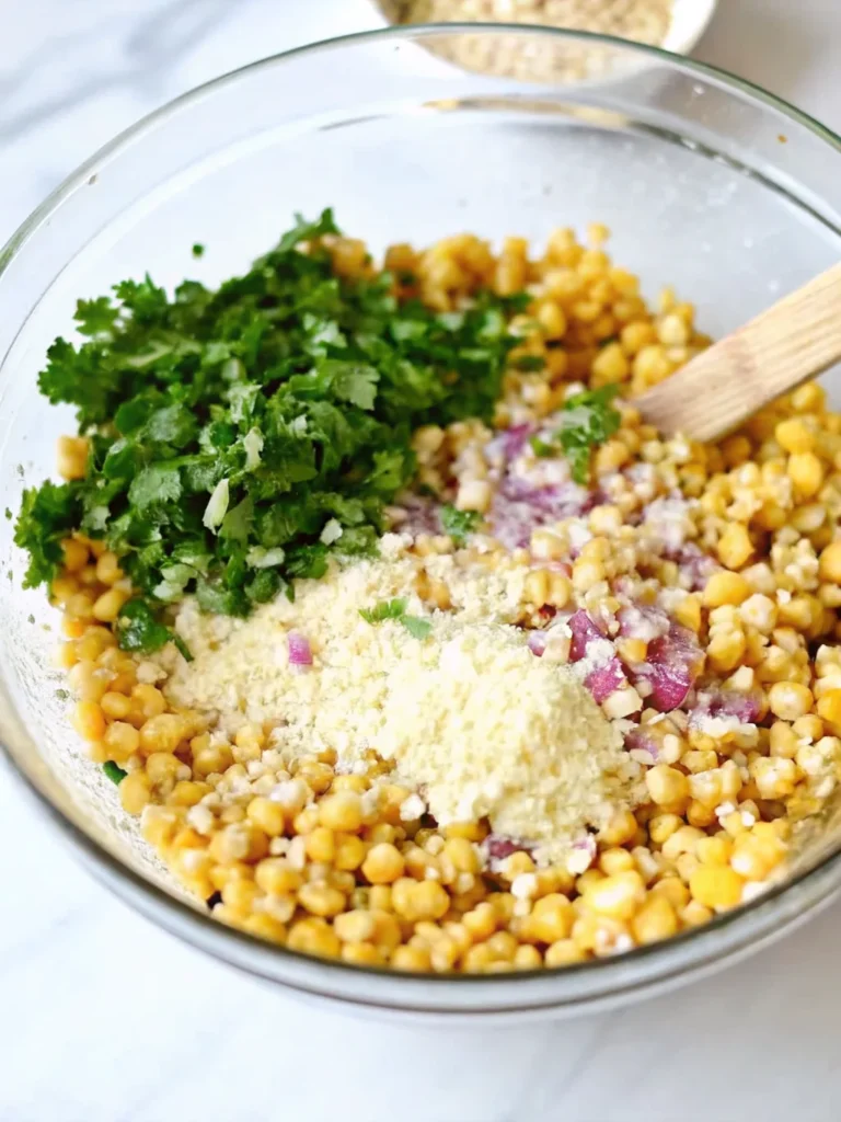 Elote corn salad with grilled corn kernels, cotija cheese, cilantro and lime - easy summer Mexican recipe served in white bowls