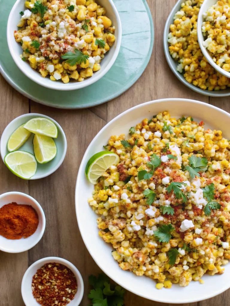 Elote corn salad with grilled corn kernels, cotija cheese, cilantro and lime - easy summer Mexican recipe served in white bowls