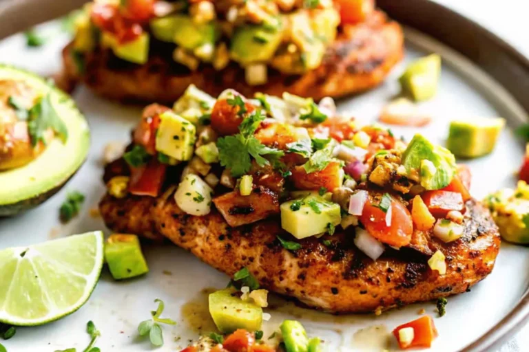 Grilled fiesta lime chicken topped with fresh avocado salsa summer mexican recipes