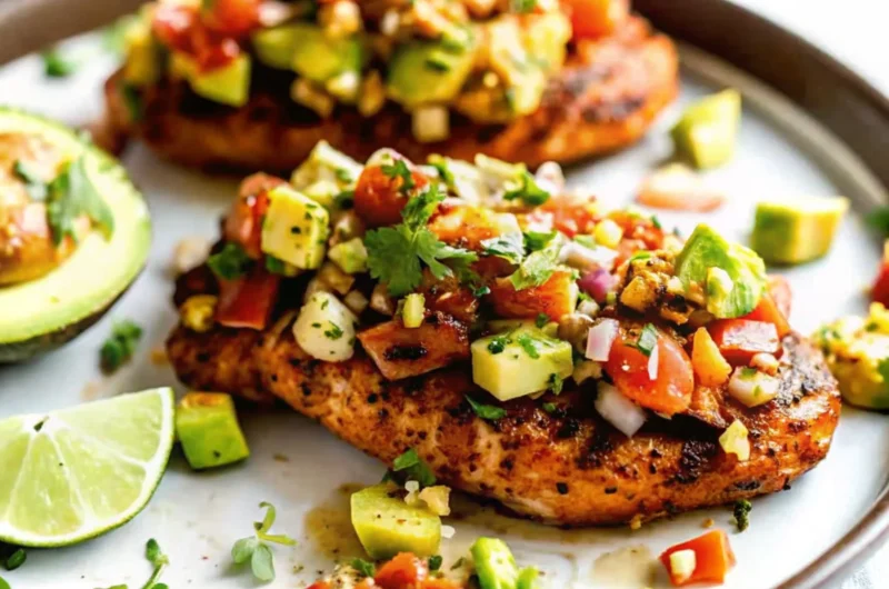 Grilled fiesta lime chicken topped with fresh avocado salsa summer mexican recipes