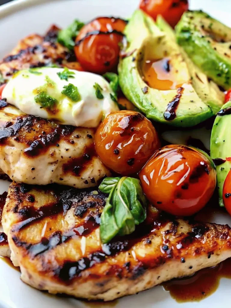 Grilled California Avocado Chicken with fresh tomatoes and mozzarella cheese, drizzled with balsamic glaze, perfect for a fresh summer recipe.