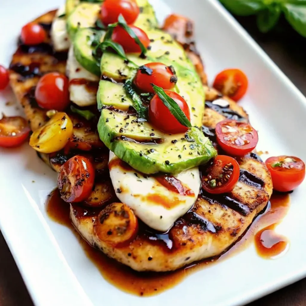 Grilled California Avocado Chicken with fresh tomatoes and mozzarella cheese, drizzled with balsamic glaze, perfect for a fresh summer recipe.
