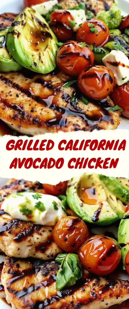 Grilled California Avocado Chicken with fresh tomatoes and mozzarella cheese, drizzled with balsamic glaze, perfect for a fresh summer recipe.
