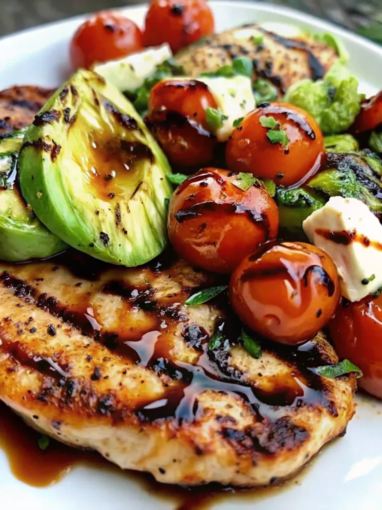 Grilled California Avocado Chicken with fresh tomatoes and mozzarella cheese, drizzled with balsamic glaze, perfect for a fresh summer recipe.