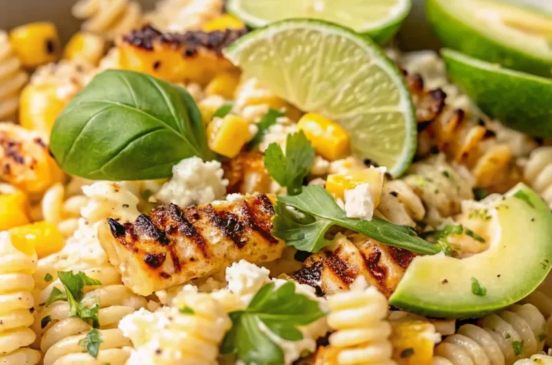 Healthy street corn pasta salad in a white bowl, garnished with lime wedges, fresh basil, avocado slices, grilled corn, and crumbled feta cheese—ideal for fresh summer recipes.