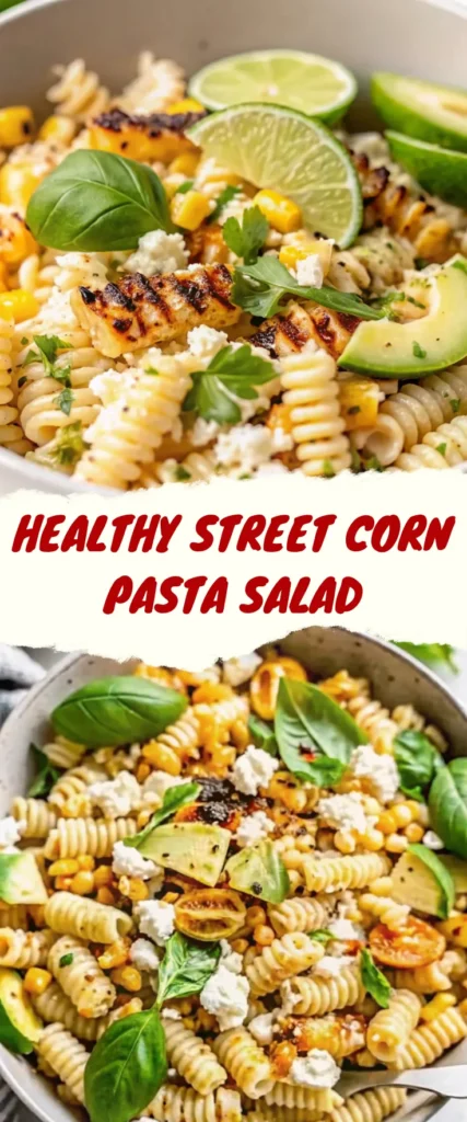 Healthy street corn pasta salad in a white bowl, garnished with lime wedges, fresh basil, avocado slices, grilled corn, and crumbled feta cheese—ideal for fresh summer recipes.
