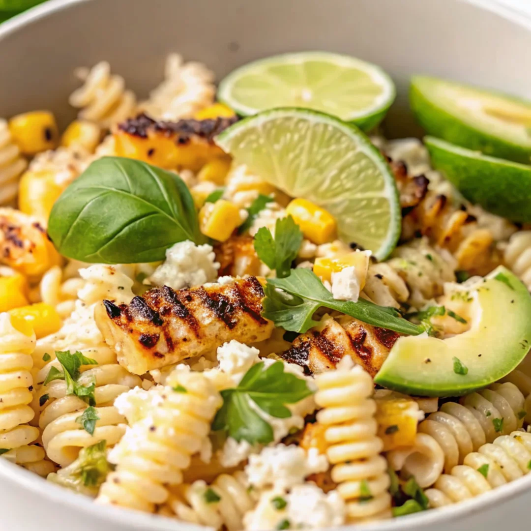 Healthy street corn pasta salad in a white bowl, garnished with lime wedges, fresh basil, avocado slices, grilled corn, and crumbled feta cheese—ideal for fresh summer recipes.