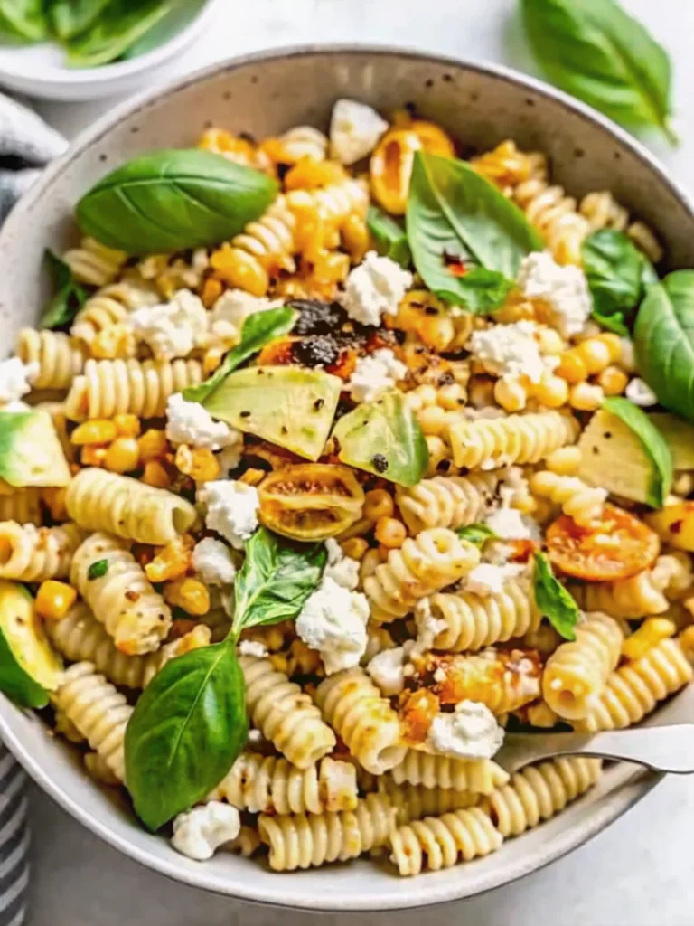 Healthy street corn pasta salad in a white bowl, garnished with lime wedges, fresh basil, avocado slices, grilled corn, and crumbled feta cheese—ideal for fresh summer recipes.