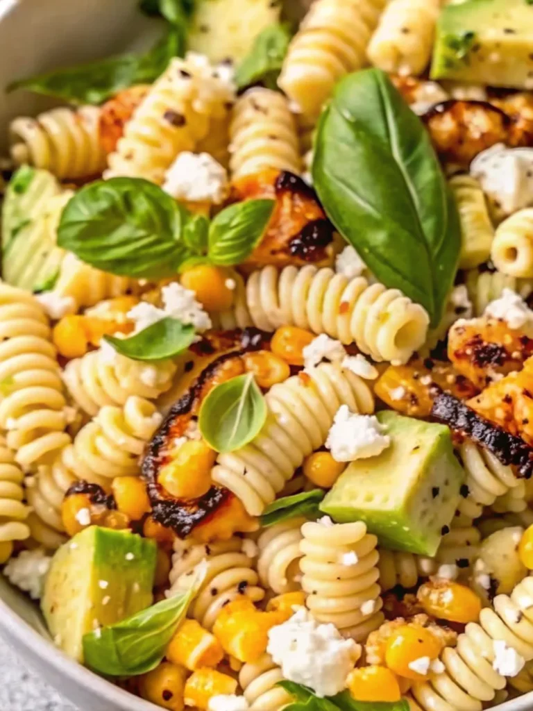 Healthy street corn pasta salad in a white bowl, garnished with lime wedges, fresh basil, avocado slices, grilled corn, and crumbled feta cheese—ideal for fresh summer recipes.
