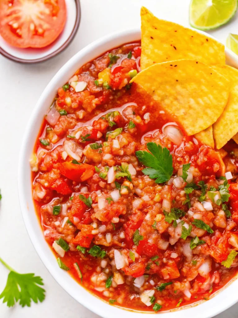 Homemade salsa recipe with fresh tomatoes served in white bowl with tortilla chips

