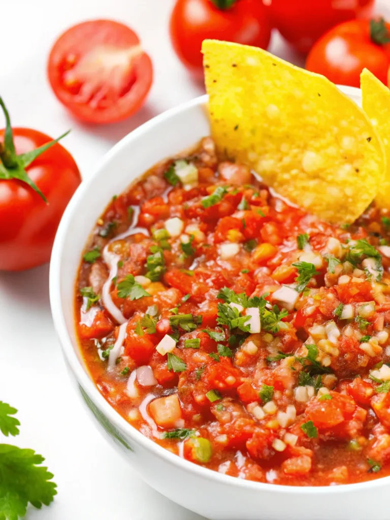Homemade salsa recipe with fresh tomatoes served in white bowl with tortilla chips
