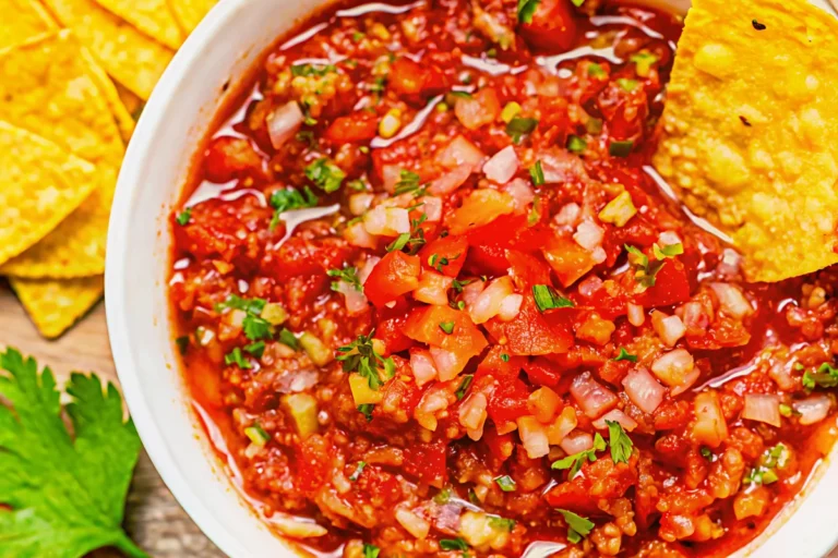 Homemade salsa recipe with fresh tomatoes served in white bowl with tortilla chips