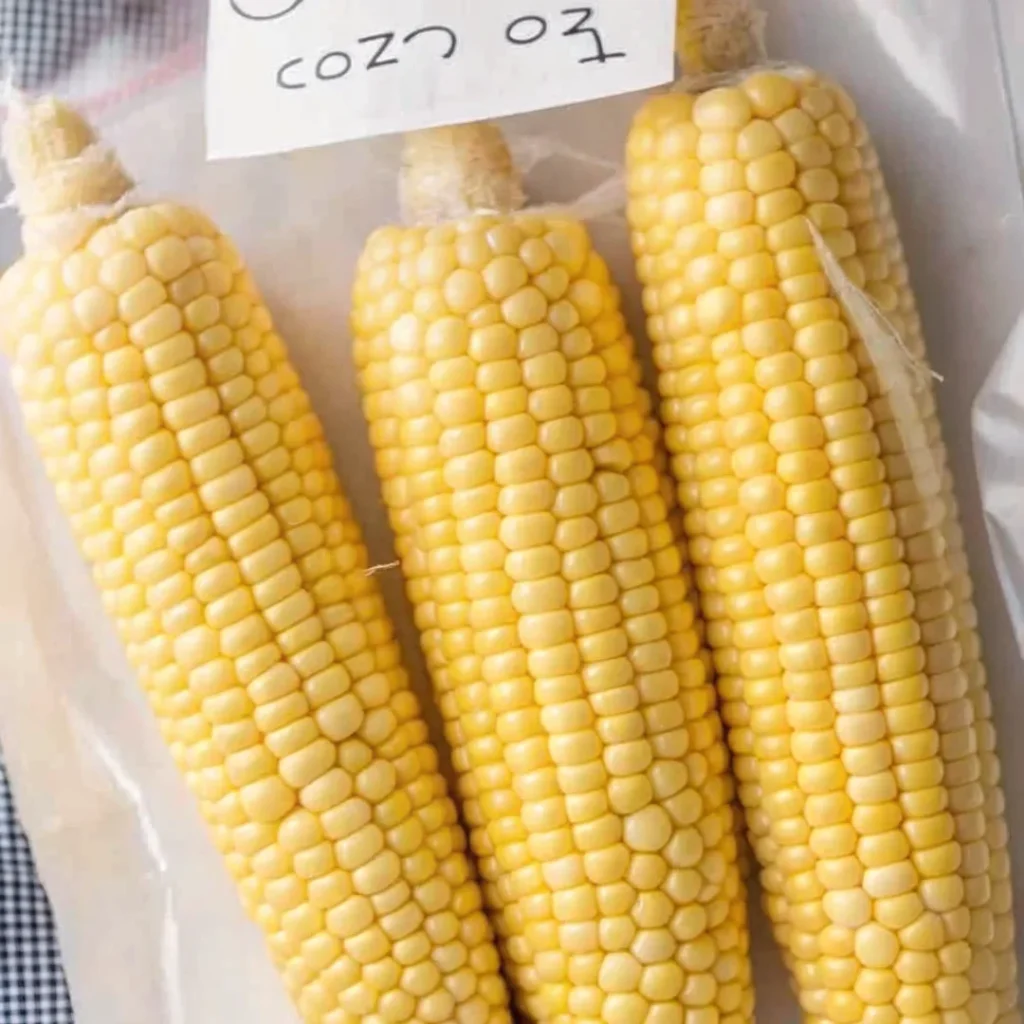 Three ears of sweet corn on the cob, blanched and packed in a labeled freezer bag, ready for freezing.