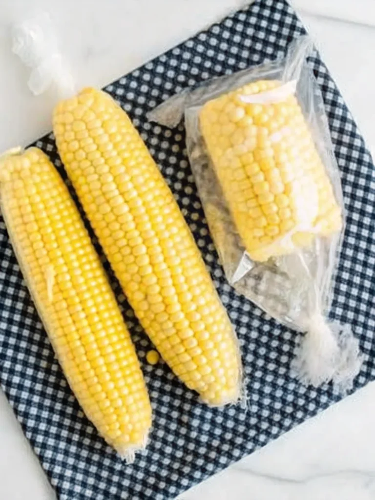 Three ears of sweet corn on the cob, blanched and packed in a labeled freezer bag, ready for freezing.