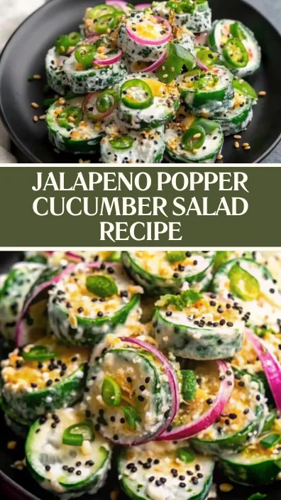 A vibrant plate of jalapeno popper cucumber salad featuring crisp cucumber slices topped with creamy herb cheese, diced jalapenos, red onions, and sesame seeds for a spicy, refreshing no-cook side dish.