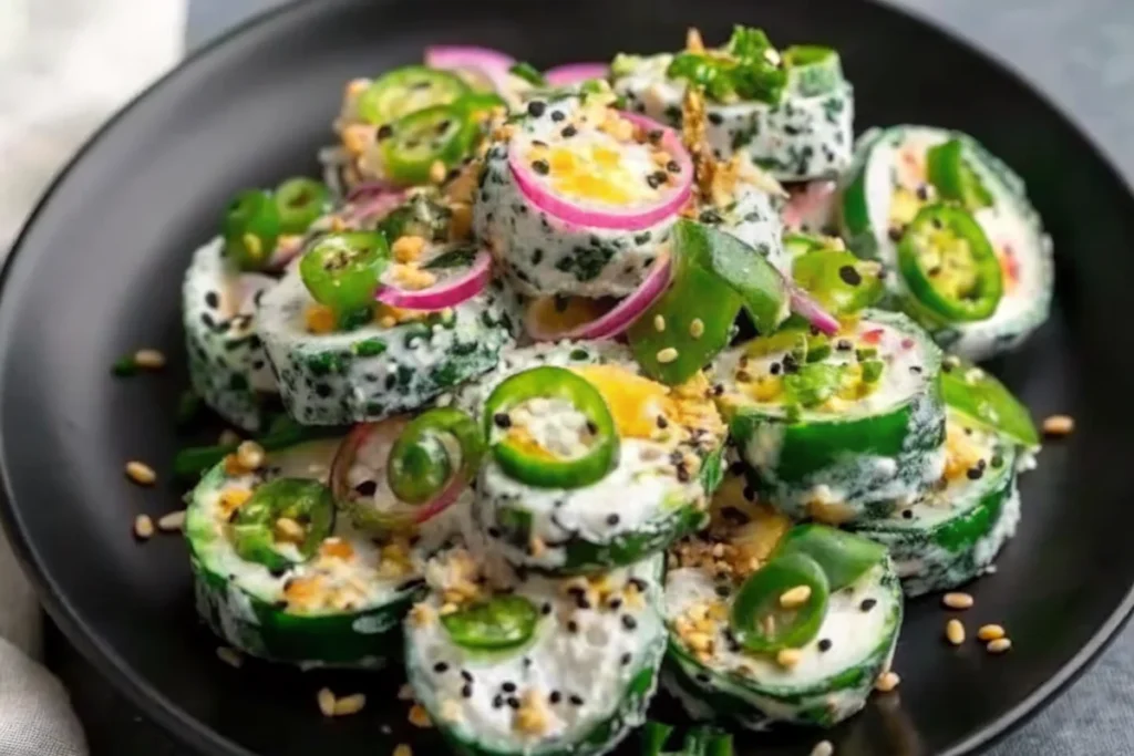 A vibrant plate of jalapeno popper cucumber salad featuring crisp cucumber slices topped with creamy herb cheese, diced jalapenos, red onions, and sesame seeds for a spicy, refreshing no-cook side dish.
