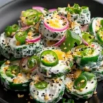 A vibrant plate of jalapeno popper cucumber salad featuring crisp cucumber slices topped with creamy herb cheese, diced jalapenos, red onions, and sesame seeds for a spicy, refreshing no-cook side dish.