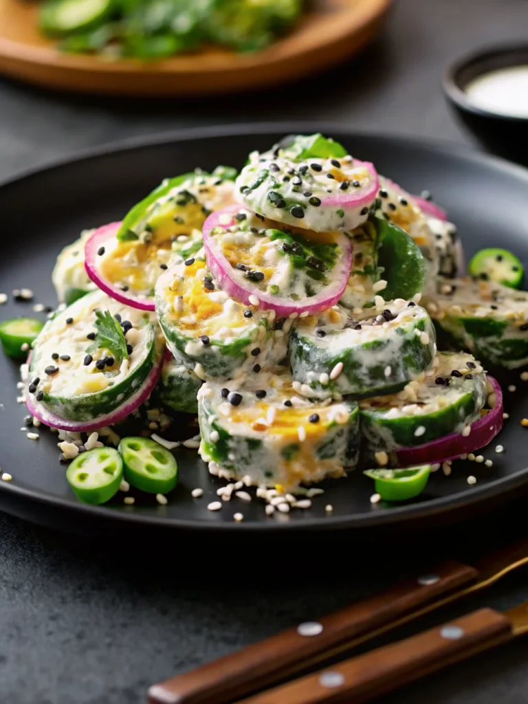 A vibrant plate of jalapeno popper cucumber salad featuring crisp cucumber slices topped with creamy herb cheese, diced jalapenos, red onions, and sesame seeds for a spicy, refreshing no-cook side dish.